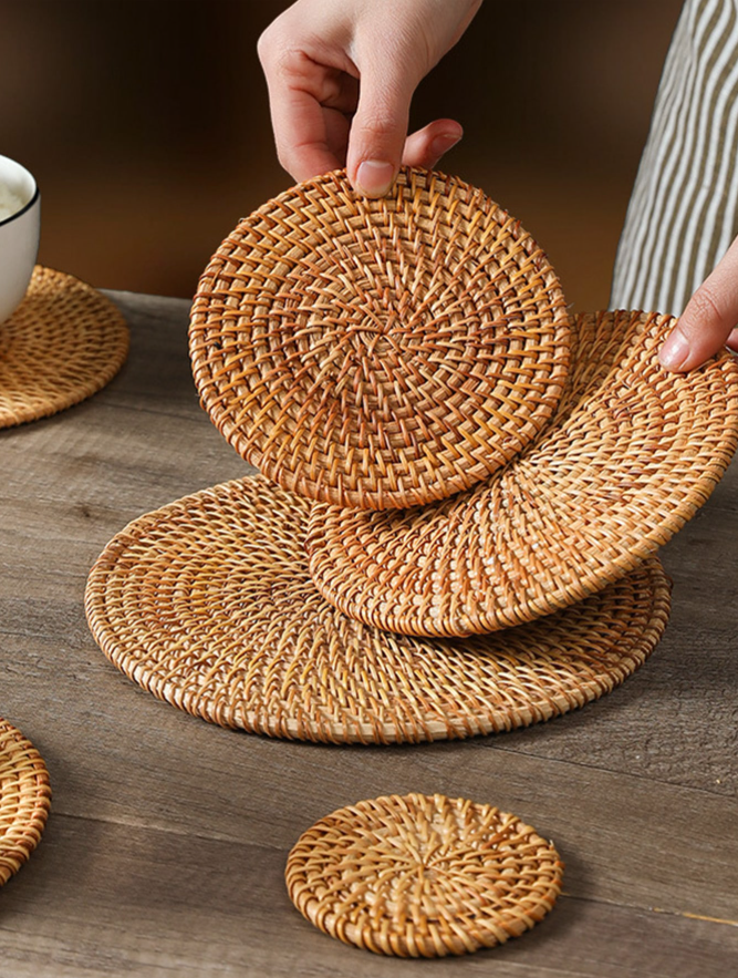 Hand-Woven Natural Rattan Placemats & Coasters